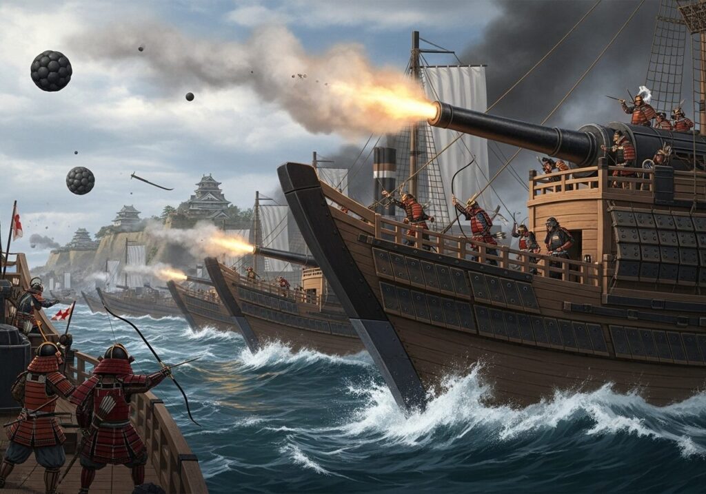 大砲を撃つ鉄甲船