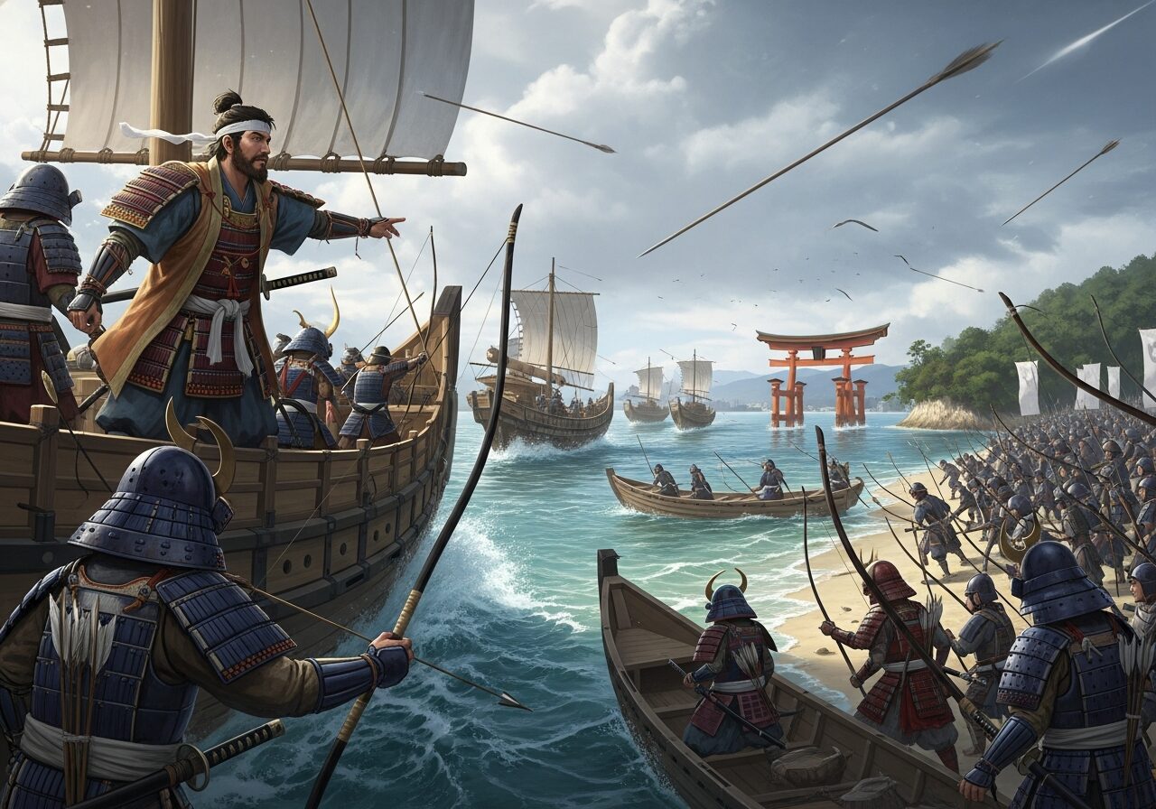 厳島で陸にいる軍を攻撃する、村上水軍