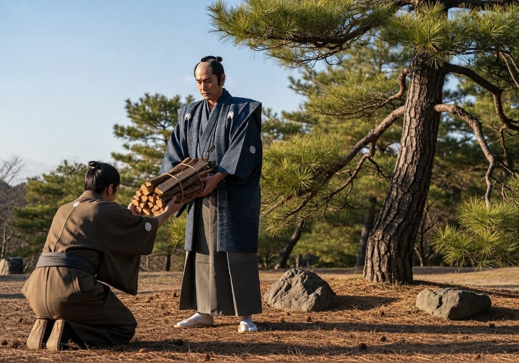 松の薪を家臣に渡す、尼子経久