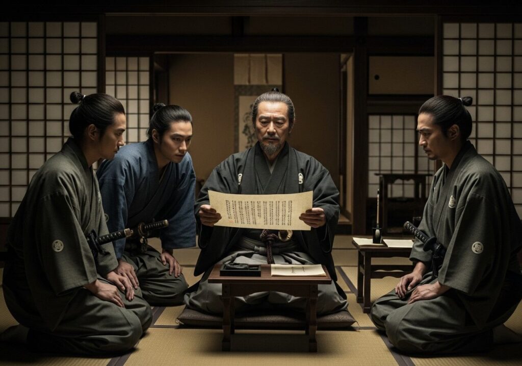 毛利元就が息子三兄弟に三子教訓状を見せる