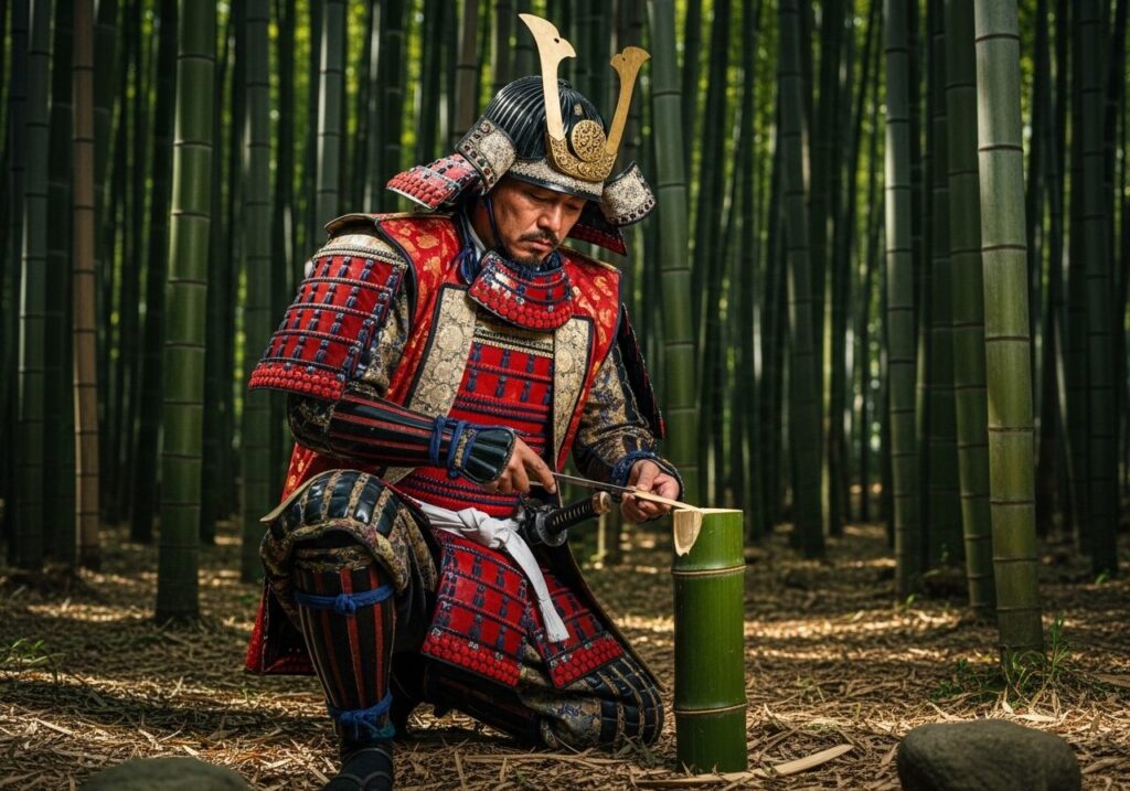 竹藪で茶杓を削る、上田宗箇