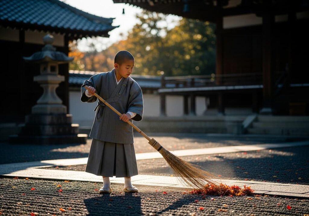 寺で掃除する僧侶の尼子勝久